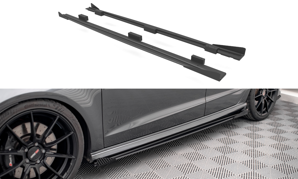 Maxton Design Street Pro Street+ Seitenschweller Leisten + Flaps passend für Audi S3 / A3 S-Line Sportback 8V Facelift schwarz Hochglanz