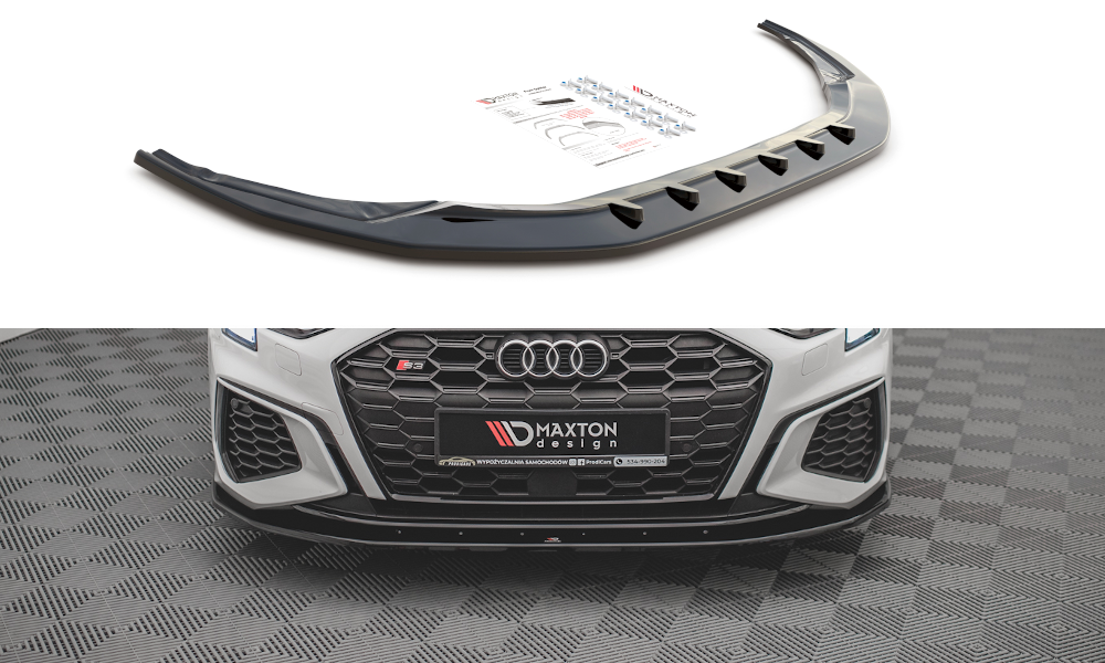 Maxton Design Street+ Spoilerlippe Front Ansatz V.1 passend für Audi S3 / A3 S-Line 8Y schwarz Hochglanz