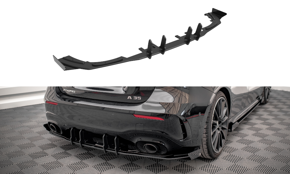 Maxton Design Robuste Racing Diffusor Heck Ansatz + Flaps passend für Mercedes A35 AMG Hatchback Aero Pack W177 schwarz Hochglanz