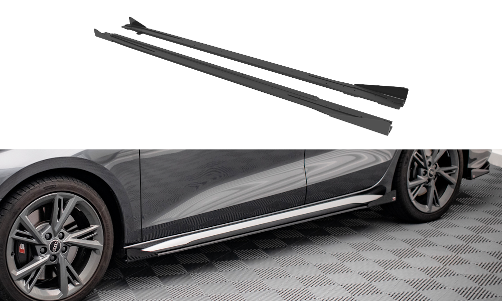 Maxton Design Street Pro Street+ Seitenschweller Leisten + Flaps passend für V.1 Audi S3 / A3 S-Line 8Y / 8Y Facelift schwarz Hochglanz