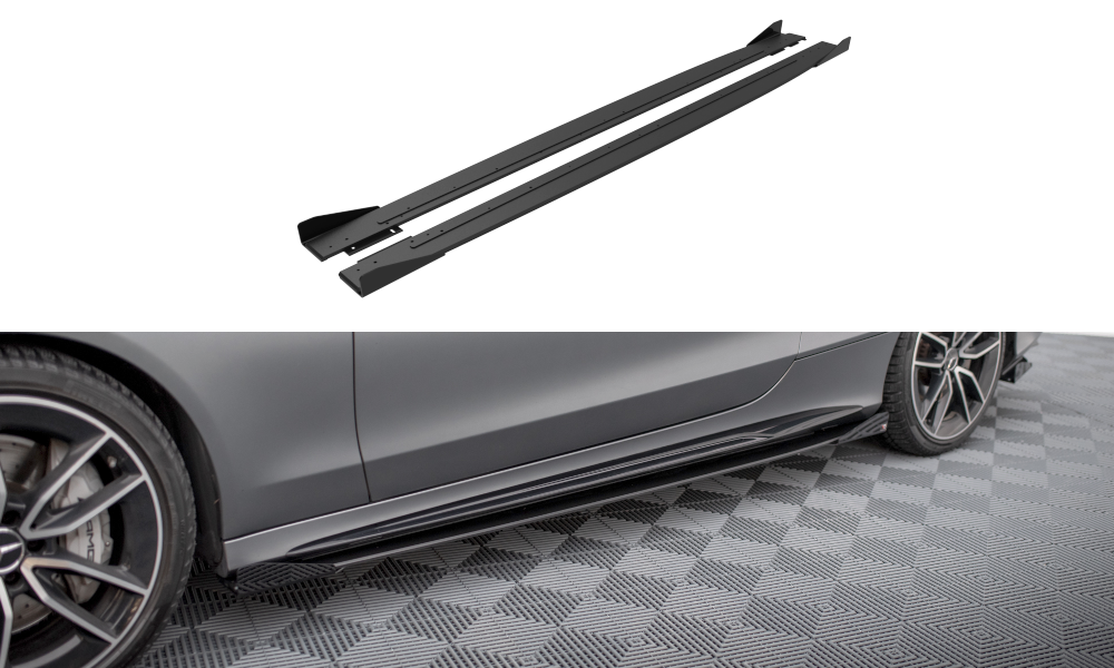 Maxton Design Street Pro Street+ Seitenschweller Leisten + Flaps passend für Mercedes-AMG C43 Coupe / Cabrio C205 Facelift / A205 Facelift schwarz Hochglanz