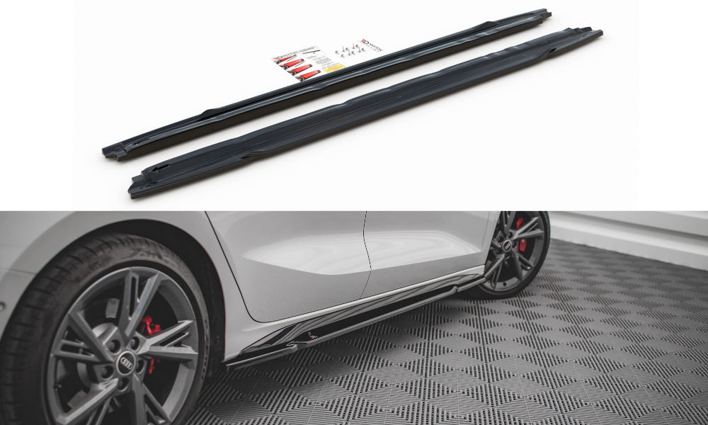 Maxton Design Street+ Seitenschweller Leisten passend für V.1 passend für Audi S3 / A3 S-Line Sportback / Limousine 8Y / 8Y Facelift schwarz Hochglanz