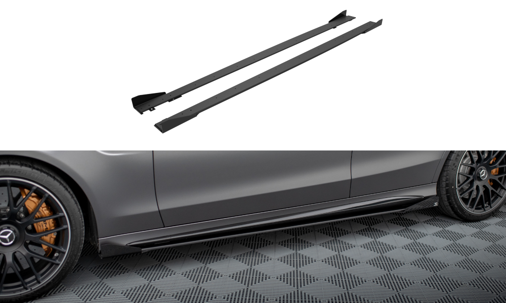 Maxton Design Street Pro Street+ Seitenschweller Leisten + Flaps passend für Mercedes-AMG C63 Limousine / Kombi W205 Facelift schwarz Hochglanz