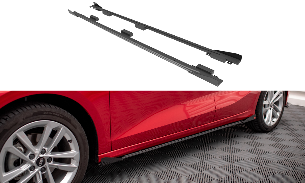 Maxton Design Street Pro Street+ Seitenschweller Leisten + Flaps passend für Audi A3 8Y schwarz Hochglanz