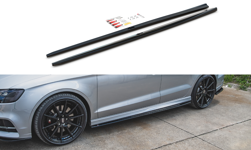 Maxton Design Street+ Seitenschweller Leisten V.2 passend für Audi S3 / A3 S-Line Limousine 8V Facelift schwarz Hochglanz
