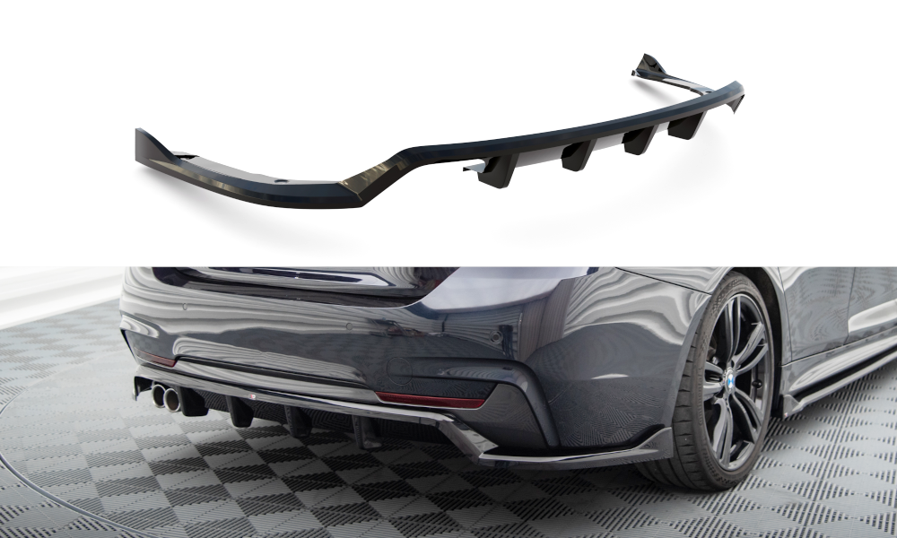 Maxton Design Street+ Mittlerer Diffusor RACE passend für BMW 4er Coupe / Gran Coupe / Cabrio M-Paket F32 / F36 / F33 schwarz Hochglanz