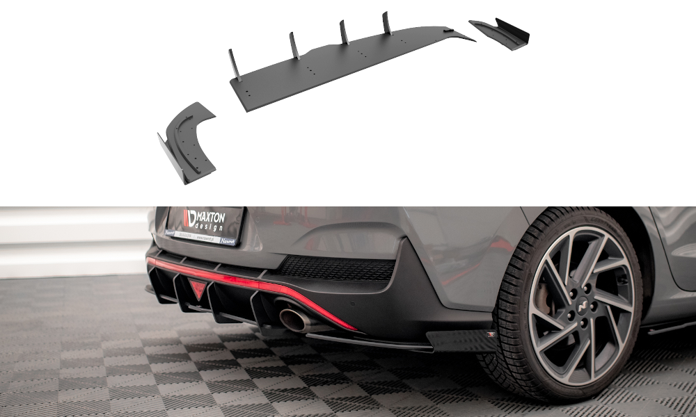 Maxton Design Street Pro Heck Ansatz Flaps Diffusor + Flaps passend für Hyundai I30 Fastback N-Line Mk3 Facelift schwarz Hochglanz