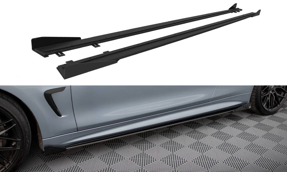 Maxton Design Street Pro Street+ Seitenschweller Leisten + Flaps passend für BMW 4er Coupe / Gran Coupe / Cabrio M-Paket F32 / F36 / F33 schwarz Hochglanz