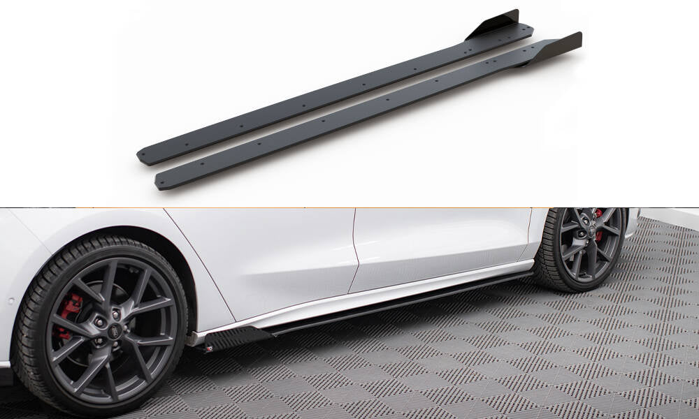 Maxton Design Street Pro Street+ Seitenschweller Leisten + Flaps passend für Ford Focus ST / ST-Line Mk4 schwarz Hochglanz