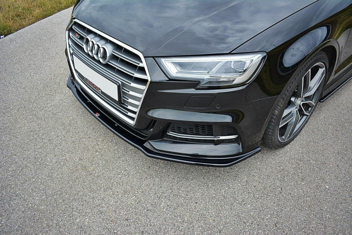 Maxton Design Street+ Spoilerlippe Front Ansatz passend für V.1 Audi S3 / A3 S-Line Hatchback / Sportback 8V Facelift schwarz Hochglanz