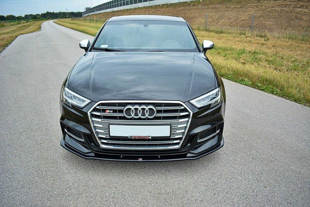 Maxton Design Street+ Spoilerlippe Front Ansatz passend für V.1 Audi S3 / A3 S-Line Hatchback / Sportback 8V Facelift schwarz Hochglanz