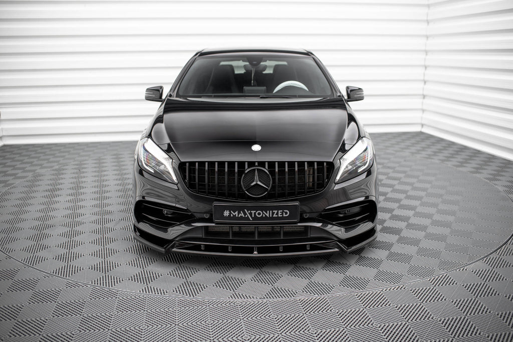 Maxton Design Street+ Spoilerlippe Front Ansatz V.2 passend für Mercedes-Benz A AMG-Line W176 Facelift schwarz Hochglanz