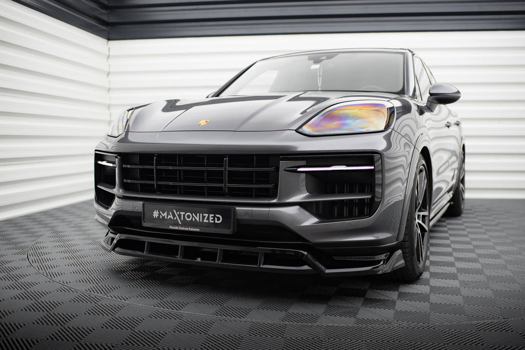 Maxton Design Street+ Spoilerlippe Front Ansatz passend für Porsche Cayenne Sport Design / Turbo SUV / Coupe Mk3 Facelift schwarz Hochglanz
