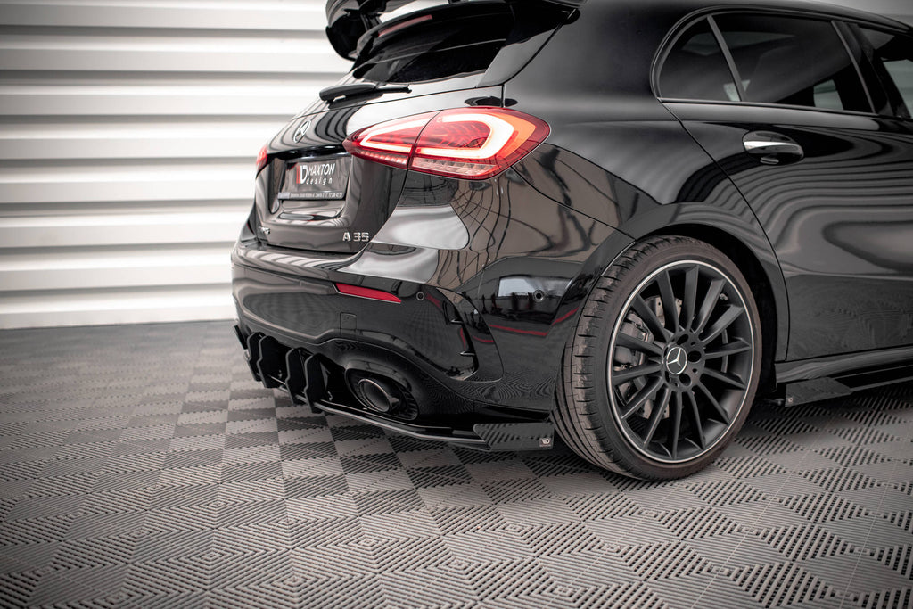 Maxton Design Robuste Racing Diffusor Heck Ansatz + Flaps passend für Mercedes A35 AMG Hatchback Aero Pack W177 schwarz Hochglanz