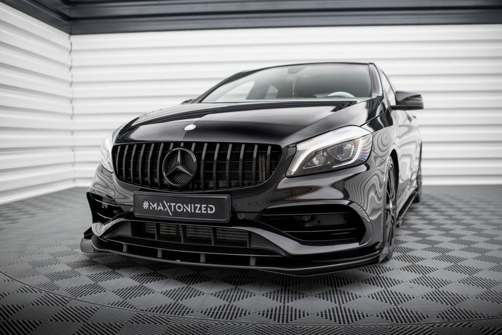 Maxton Design Street Pro Street+ Spoilerlippe Front Ansatz + Flaps passend für Mercedes-Benz A AMG-Line W176 Facelift schwarz Hochglanz