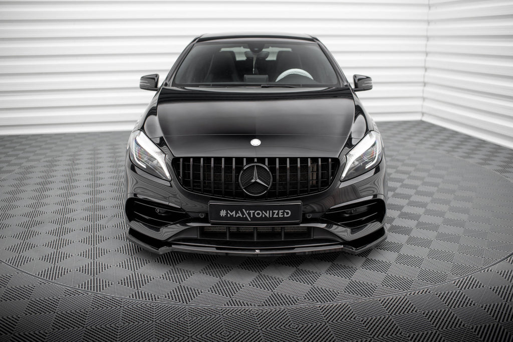 Maxton Design Street+ Spoilerlippe Front Ansatz V.1 passend für Mercedes-Benz A AMG-Line W176 Facelift schwarz Hochglanz