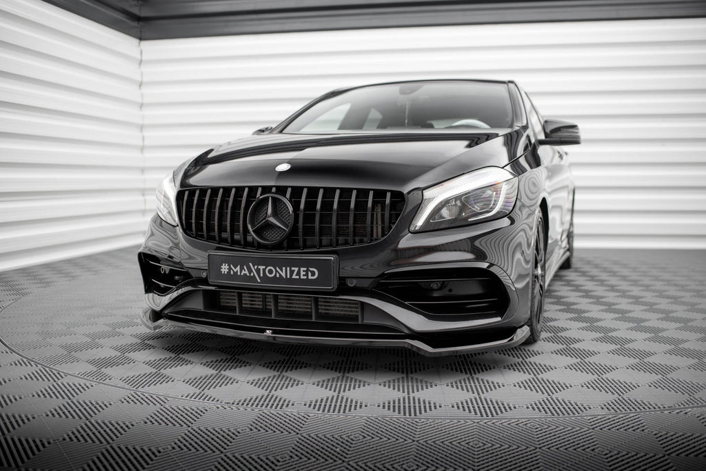Maxton Design Street+ Spoilerlippe Front Ansatz V.1 passend für Mercedes-Benz A AMG-Line W176 Facelift schwarz Hochglanz