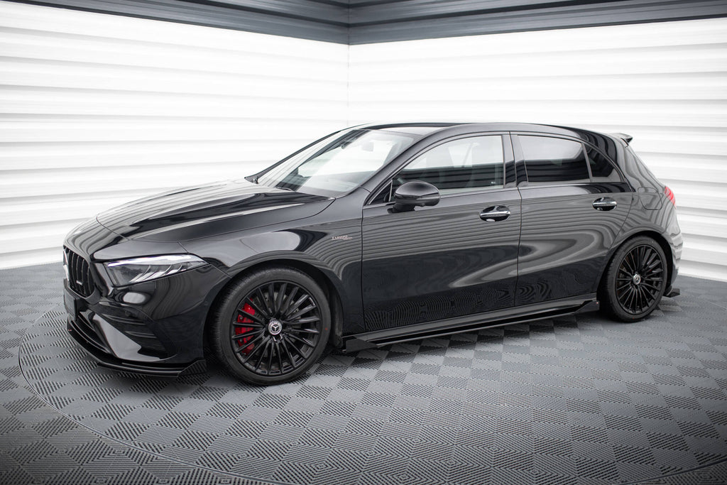 Maxton Design Street Pro Street+ Seitenschweller Leisten + Flaps passend für Mercedes-AMG A35 W177 Facelift schwarz Hochglanz