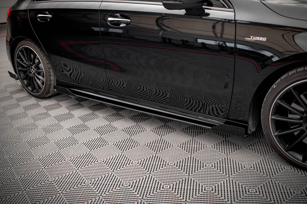 Maxton Design Street Pro Street+ Seitenschweller Leisten + Flaps passend für Mercedes A35 AMG / AMG-Line Aero Pack W177 schwarz Hochglanz