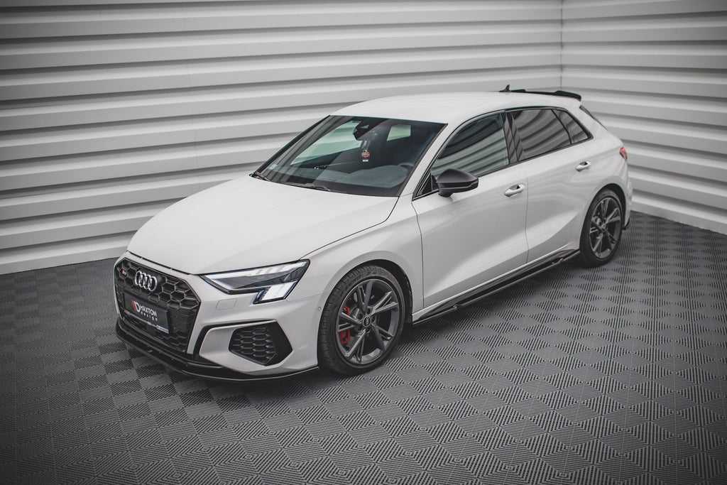 Maxton Design Street+ Seitenschweller Leisten passend für V.1 passend für Audi S3 / A3 S-Line Sportback / Limousine 8Y / 8Y Facelift schwarz Hochglanz