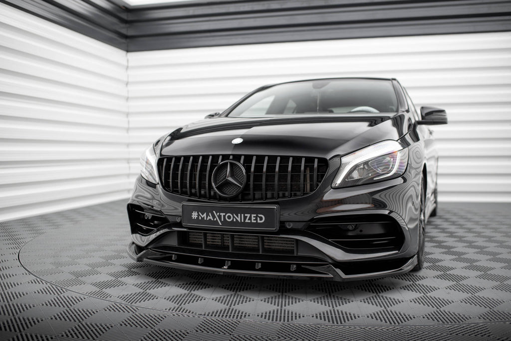 Maxton Design Street+ Spoilerlippe Front Ansatz V.2 passend für Mercedes-Benz A AMG-Line W176 Facelift schwarz Hochglanz