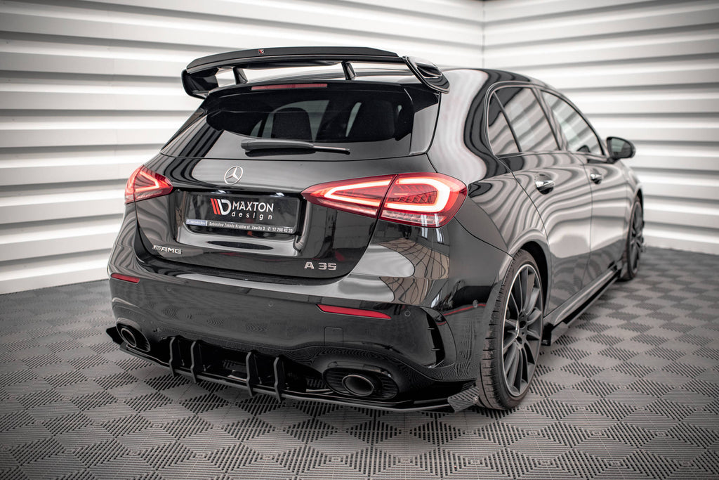 Maxton Design Robuste Racing Diffusor Heck Ansatz + Flaps passend für Mercedes A35 AMG Hatchback Aero Pack W177 schwarz Hochglanz