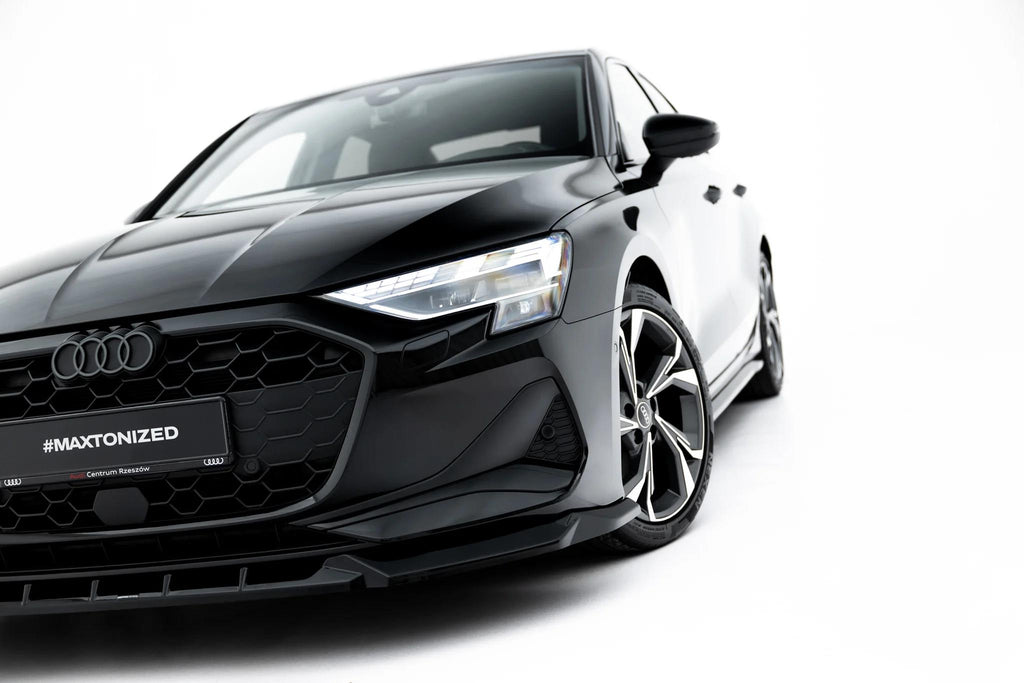Maxton Design Street+ Spoilerlippe Front Ansatz V.1 Passend für Audi A3 Limousine 8Y Facelift Schwarz Hochglanz
