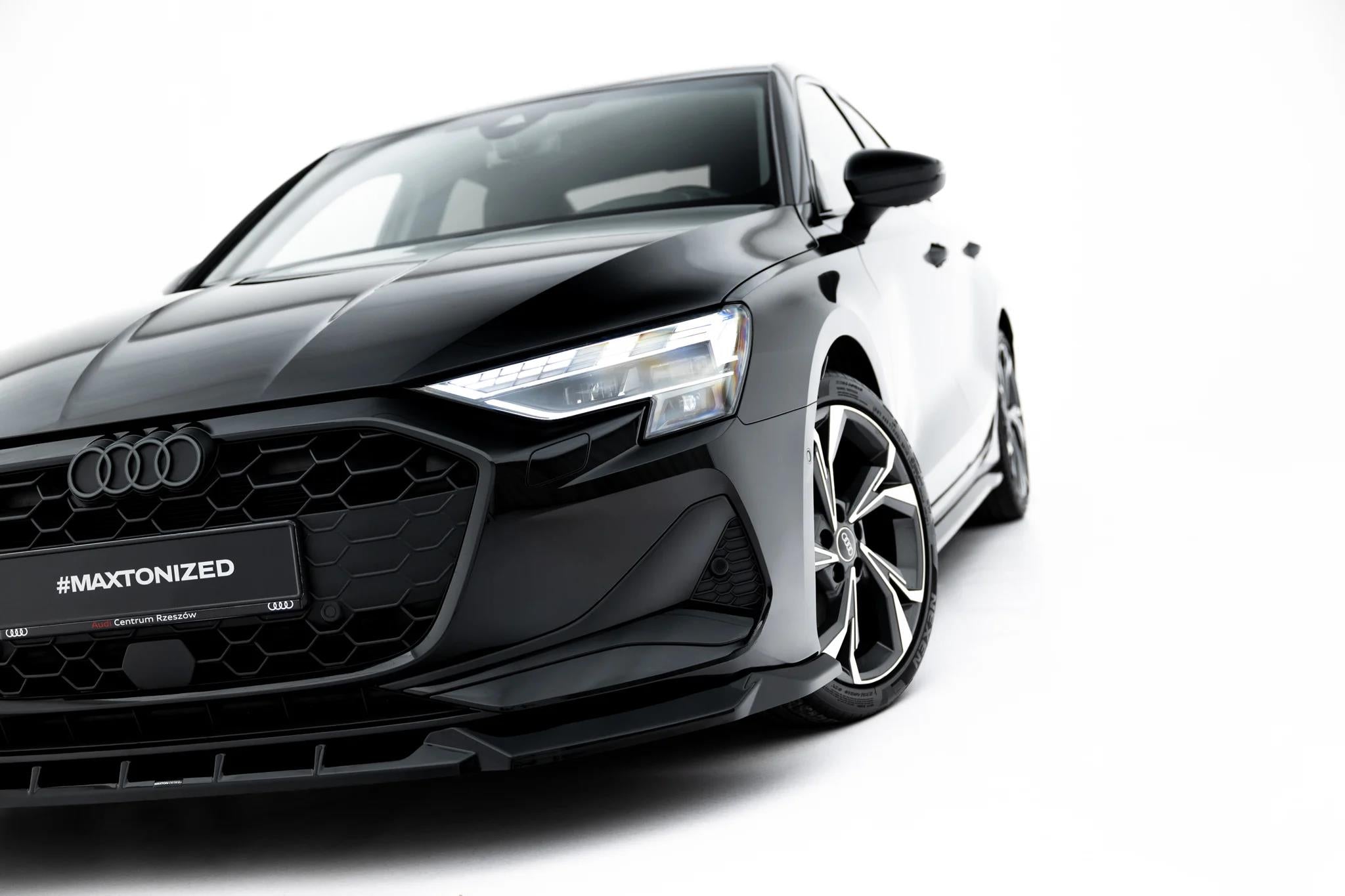 Maxton Design Street+ Spoilerlippe Front Ansatz V.1 Passend für Audi A3 Limousine 8Y Facelift Schwarz Hochglanz
