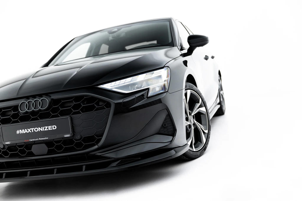 Maxton Design Street+ Spoilerlippe Front Ansatz V.2 Passend für Audi A3 Limousine 8Y Facelift Schwarz Hochglanz