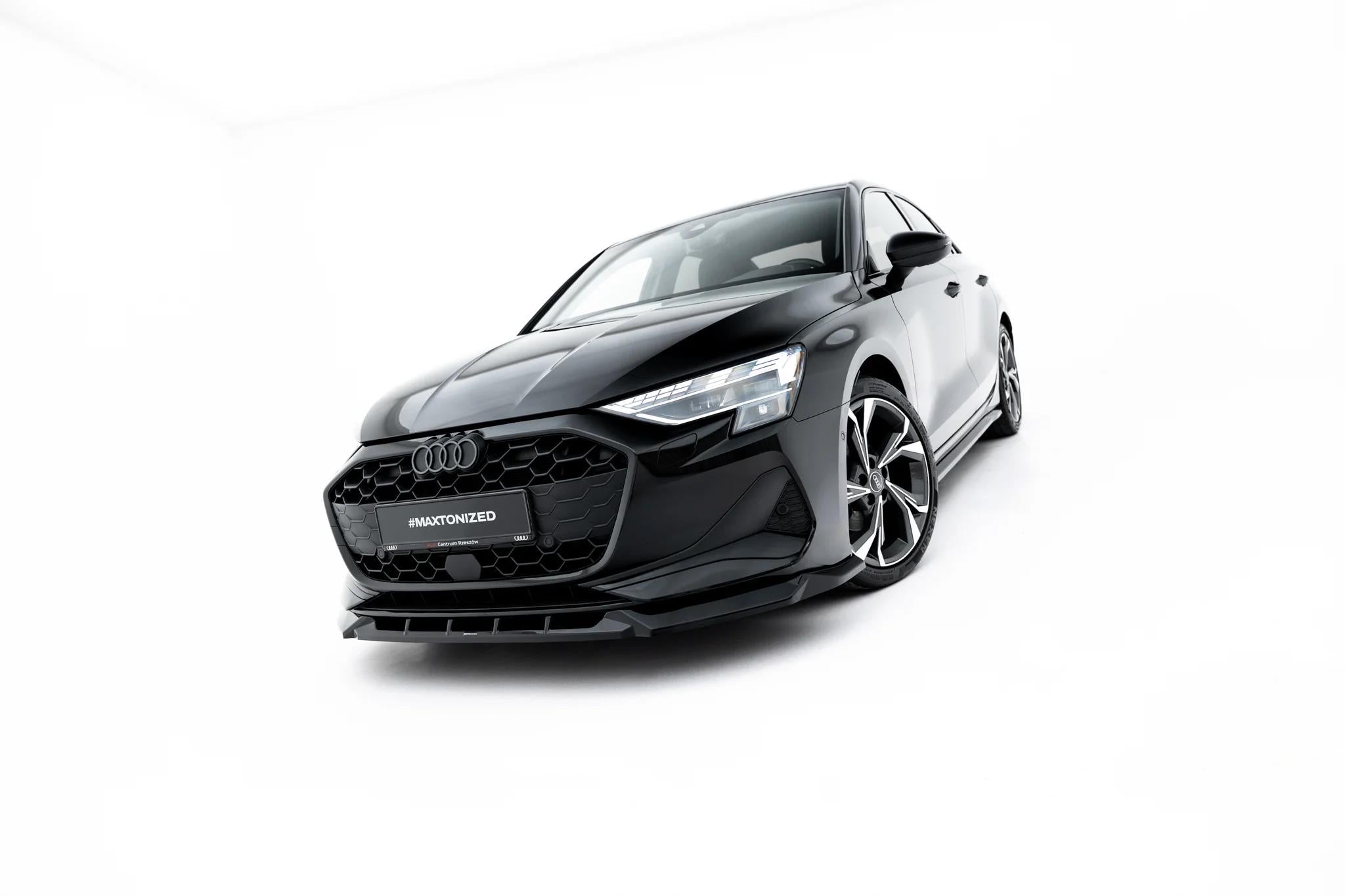 Maxton Design Street+ Spoilerlippe Front Ansatz V.1 Passend für Audi A3 Limousine 8Y Facelift Schwarz Hochglanz