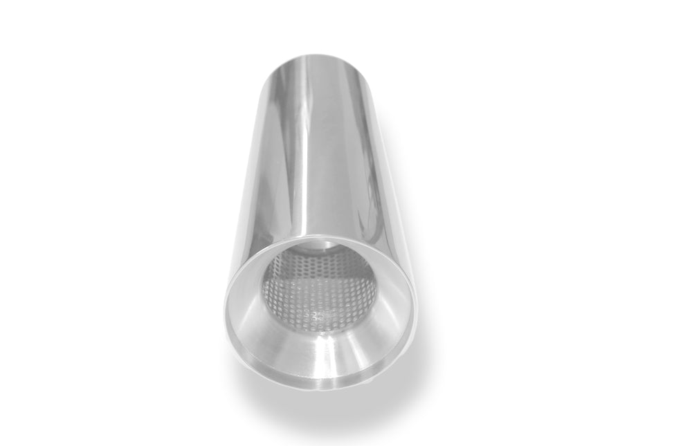 Fox Anschweißendrohr Typ 22 Ø 100 mm / Gesamtlänge: 300 mm  - rund / uneingerollt / gerade / mit poliertem Absorber (Innendurchmesser 63mm - Länge: ca. 140mm)