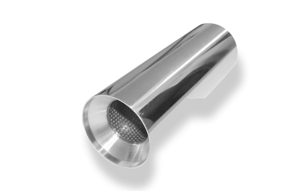 FoxAnschweißendrohr Typ 22 Ø 100 mm / Gesamtlänge: 300 mm  - rund / uneingerollt / gerade / mit poliertem Absorber (Innendurchmesser 63mm - Länge: ca. 140mm)