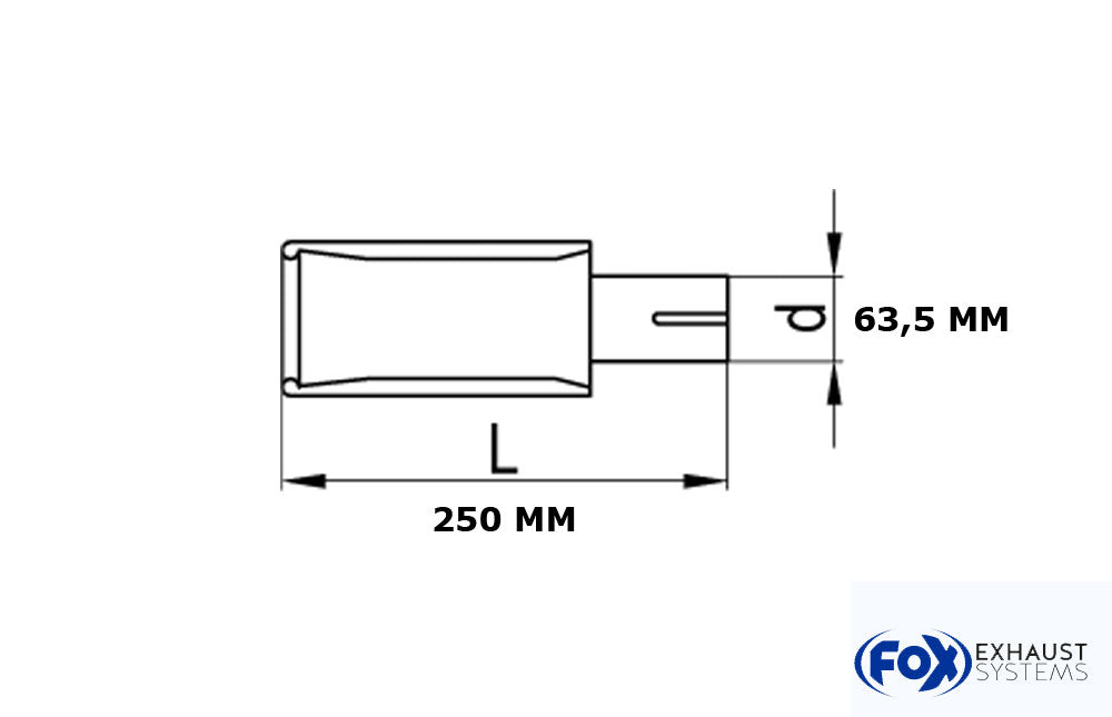 Fox Anschraubendrohr Typ 44 mit Schelle Ø68,5 einfach - 140x90mm Oval eingerollt / abgeschrägt / mit schwarzer Tulpe - L_ 250 (mm) und d_ 63,5 (mm innen)