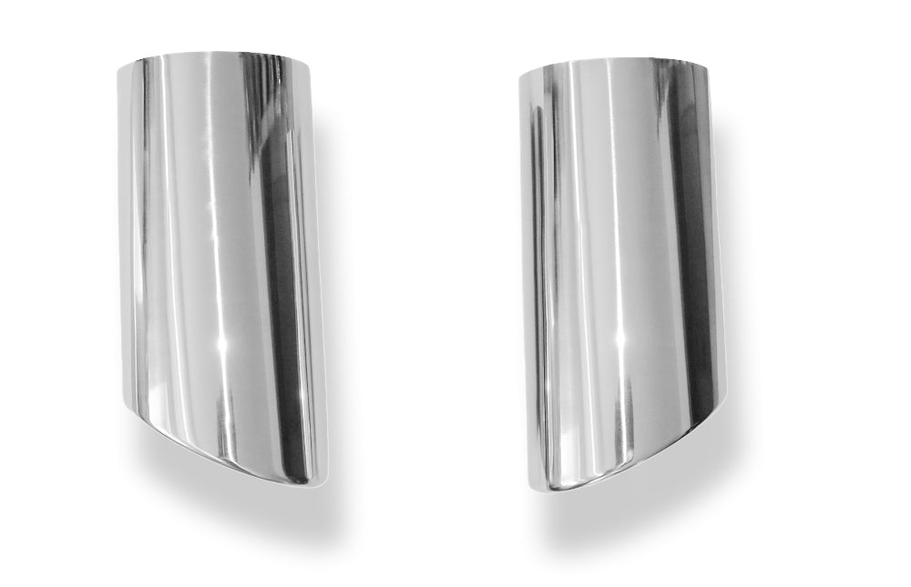 Fox Anschweißendrohr Typ 38 - Rechts & Links 115x85 mm / Länge: 240 mm - oval  - 1x seitlich nach rechts und 1x seitlich nach links, sowie nach unten abgeschrägt / eingerollt / ohne Absorber