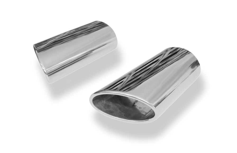 FoxAnschweißendrohr Typ 38 - Rechts & Links 115x85 mm / Länge: 240 mm - oval  - 1x seitlich nach rechts und 1x seitlich nach links, sowie nach unten abgeschrägt / eingerollt / ohne Absorber