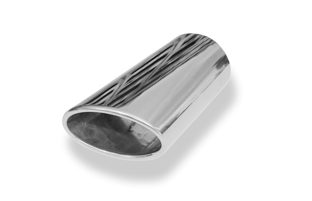 FoxAnschweißendrohr Typ 38 - Rechts 115x85 mm / Länge: 300 mm - oval  - seitlich nach rechts, sowie nach unten abgeschrägt / eingerollt / ohne Absorber