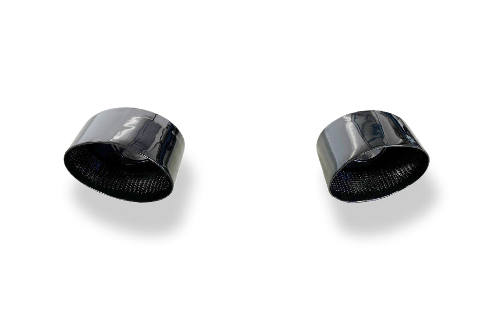 Fox Anschweißendrohr Typ 38 - Rechts & Links RS3-Look 160x130 mm / Länge: 180 mm - oval  schwarz emailliert- 1x seitlich nach rechts und 1x seitlich nach links abgeschrägt Anschluss: 63,5mm innen mit Schelle
