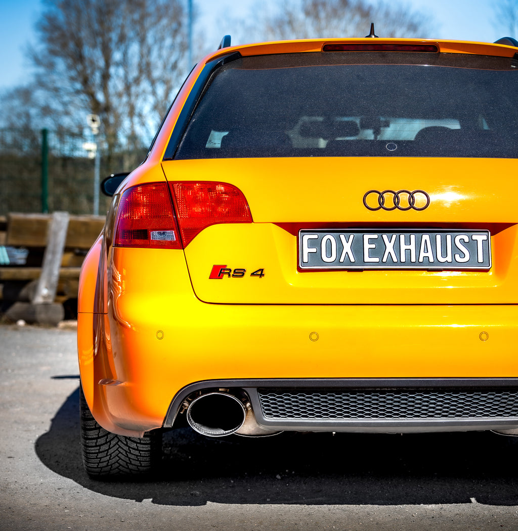 Fox passend fürAudi RS4 B7 Halbanlage ab Kat bestehend aus Endschalldämpfer rechts/links, Vorschalldämpfer und X-Pipe - Endrohre 160x130 oval rechts/links inkl. Unterdruckabgasklappen
