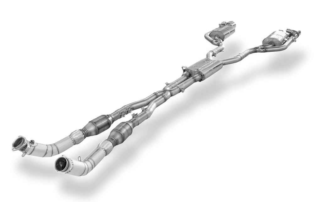 Fox passend für Audi RS4 B7 Komplettanlage ab Kat bestehend aus Endschalldämpfer rechts/links, Vorschalldämpfer, X-Pipe und Katrohren - Endrohre 160x130 oval rechts/links inkl. Unterdruckabgasklappen