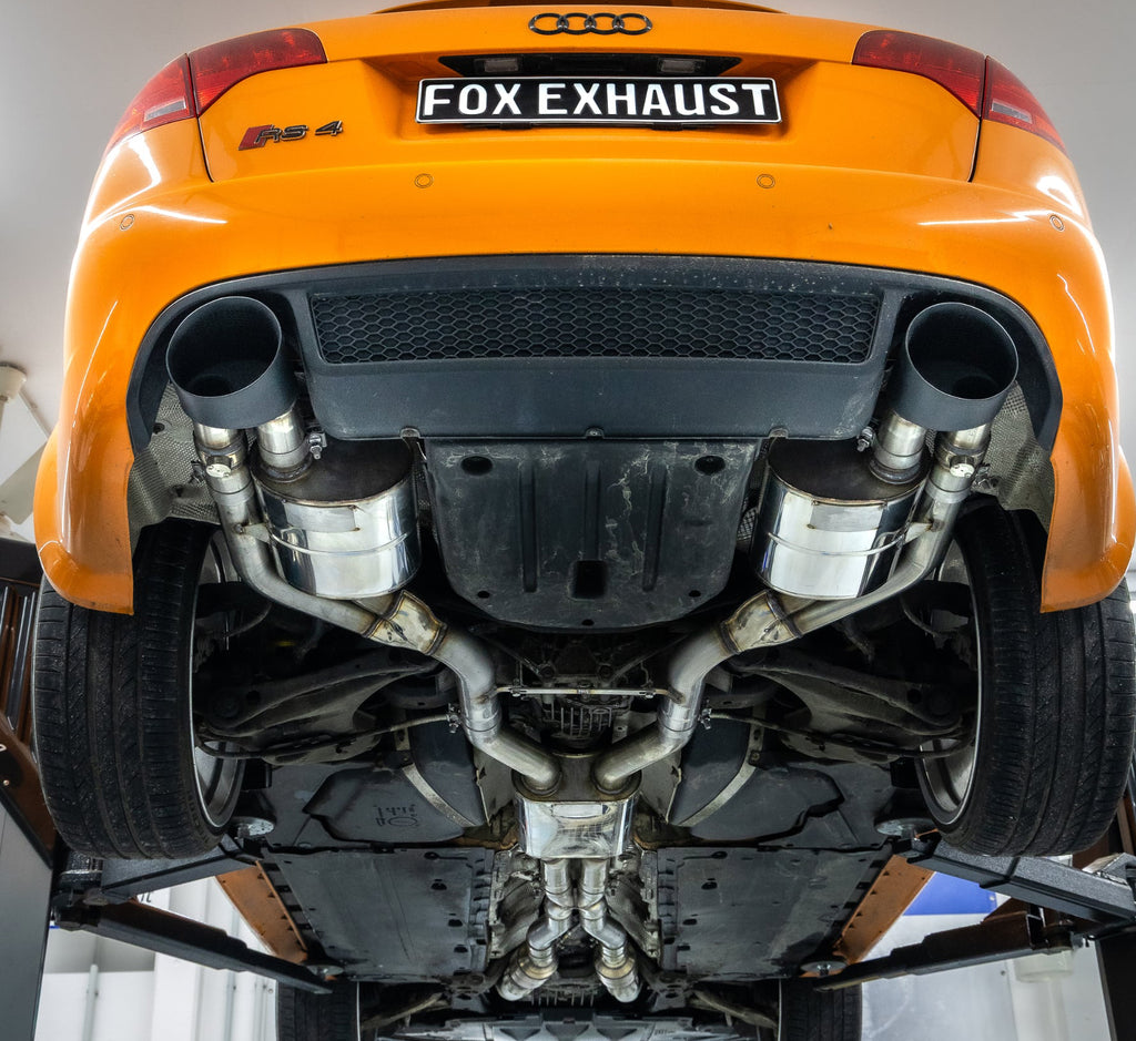 Fox passend fürAudi RS4 B7 Halbanlage ab Kat bestehend aus Endschalldämpfer rechts/links, Vorschalldämpfer und X-Pipe - Endrohre 160x130 oval rechts/links schwarz keramikbeschichtet inkl. Unterdruckabgasklappen