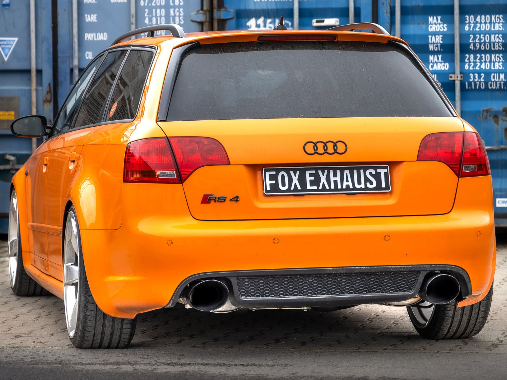 Fox passend für Audi RS4 B7 Komplettanlage ab Kat bestehend aus Endschalldämpfer rechts/links, Vorschalldämpfer, X-Pipe und Katrohren  - Endrohre 160x130 oval rechts/links schwarz keramikbeschichtet inkl. Unterdruckabgasklappen
