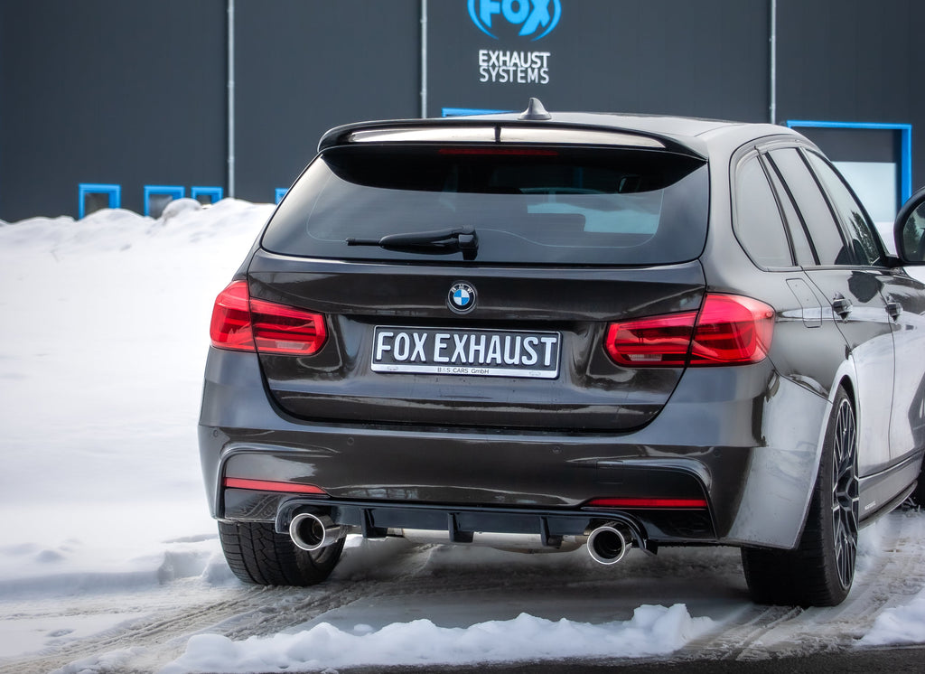 Fox passend für BMW F30/31 - 330i/ 340i xDrive Endschalldämpfer quer Ausgang rechts/links - 1x100 Typ 25 rechts/links - mit Abgasklappe im linken Endrohr - Passend an Rieger Heckansatz RIE00088122