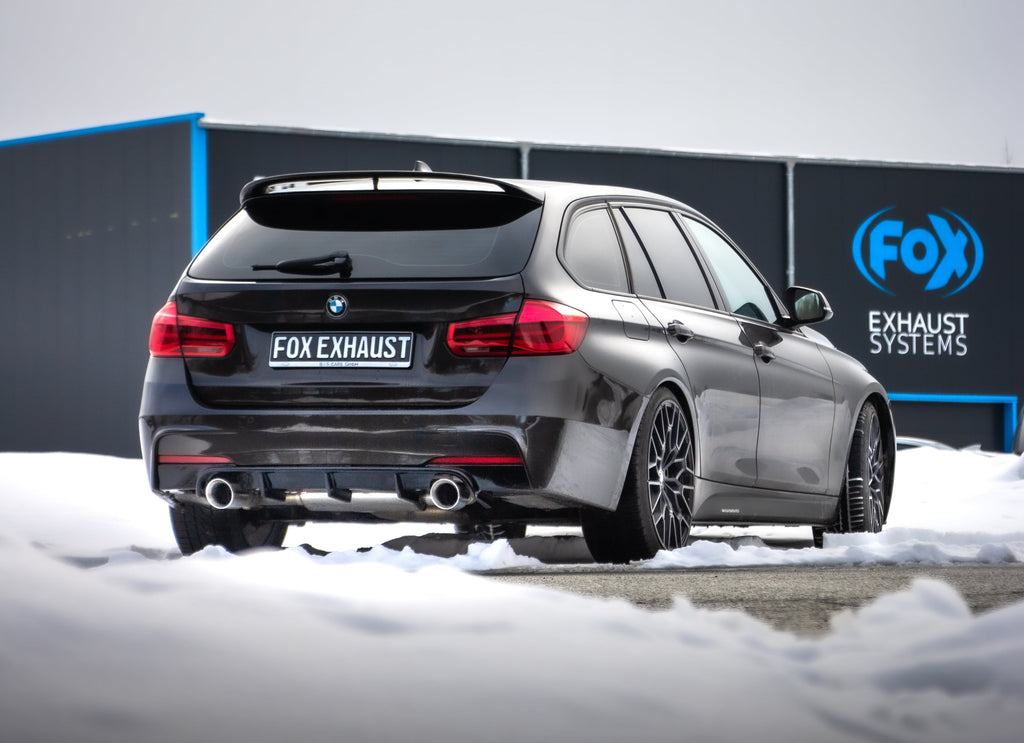 Fox passend fürBMW F30/31 - 330i/ 340i xDrive Endschalldämpfer quer Ausgang rechts/links - 1x100 Typ 25 rechts/links - mit Abgasklappe im linken Endrohr - Passend an Rieger Heckansatz RIE00088122