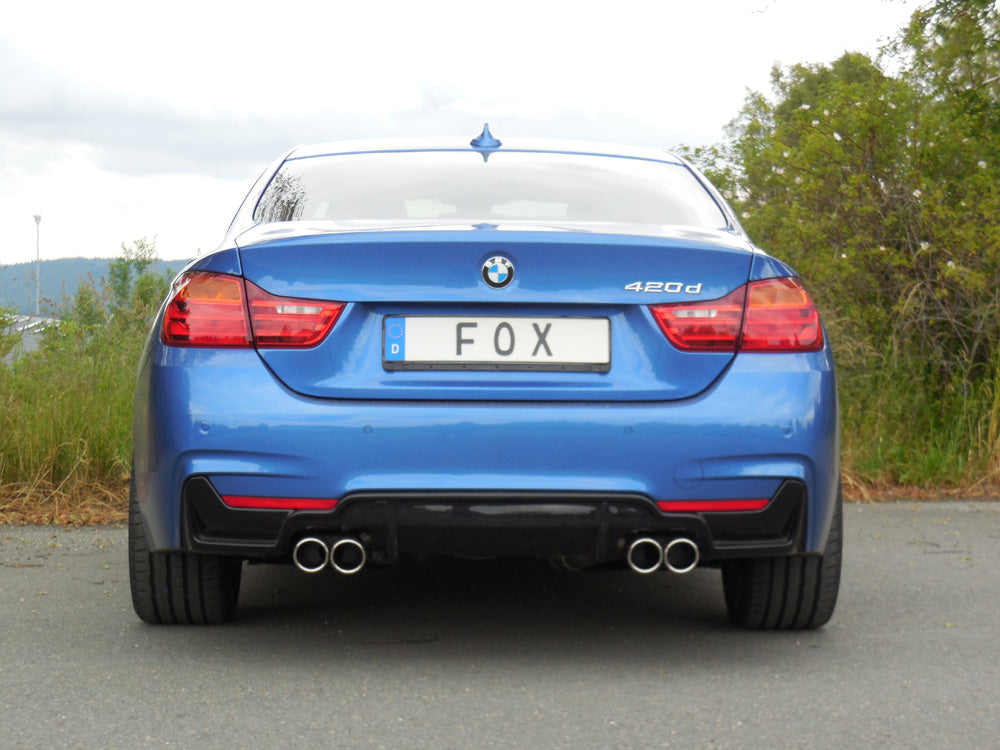 Fox passend für BMW F32 - 420d Coupe M-Paket Endschalldämpfer quer Ausgang rechts/links passend an Rieger Heckschürzeneinsatz 435i/440i Optik - 2x80 Typ 16 rechts/links