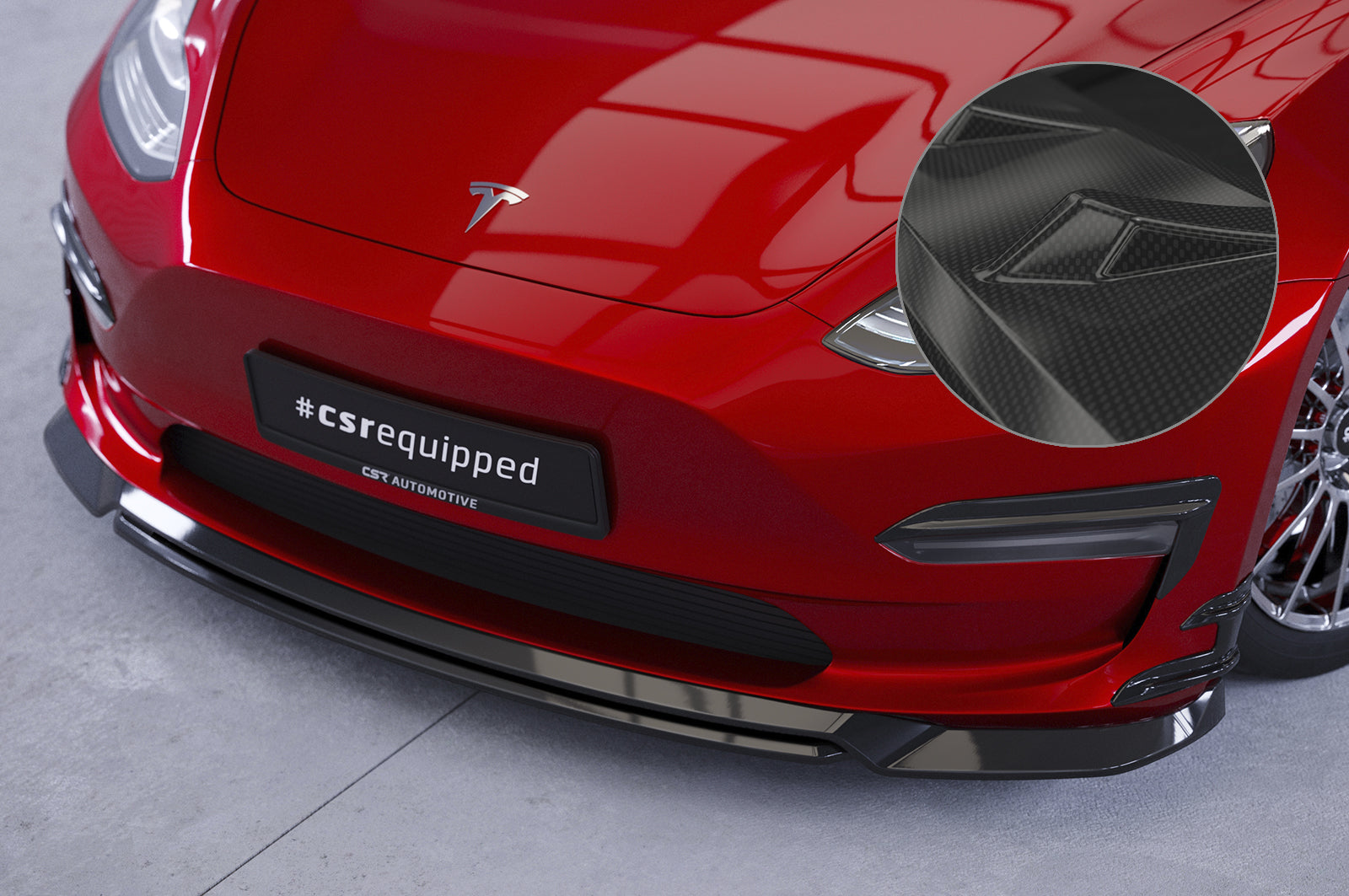 CSR Frontspoiler | Cup-Spoilerlippe mit ABE für Tesla Model 3 CSL702-C Carbon Look Hochglanz (keine Lackierung erforderlich)