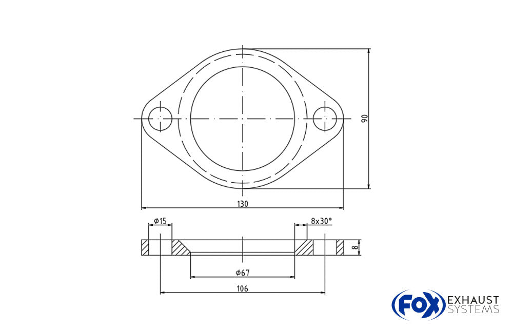 Fox2-Loch-Flansch - Fertigteil Maße: 130mm x 90mm  Innenloch: Ø67mm mit Fase 8x45°  Schraubenloch: Ø15mm  Stichmaß: 106mm  Dicke: 8mm    Material 1.4301