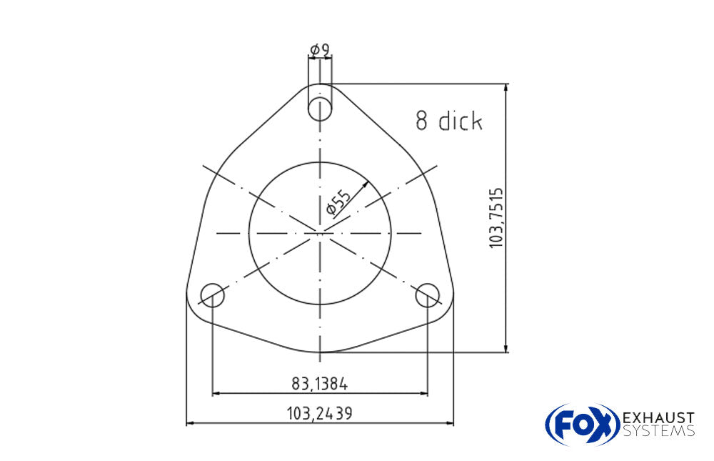 Fox3-Loch-Flansch - Fertigteil Maße: 103mm x 104mm - Stichmaß:  83mm - Innenloch: Ø55mm - Schraubenloch: Ø9mm -  Dicke: 8mm - Material 1.4301