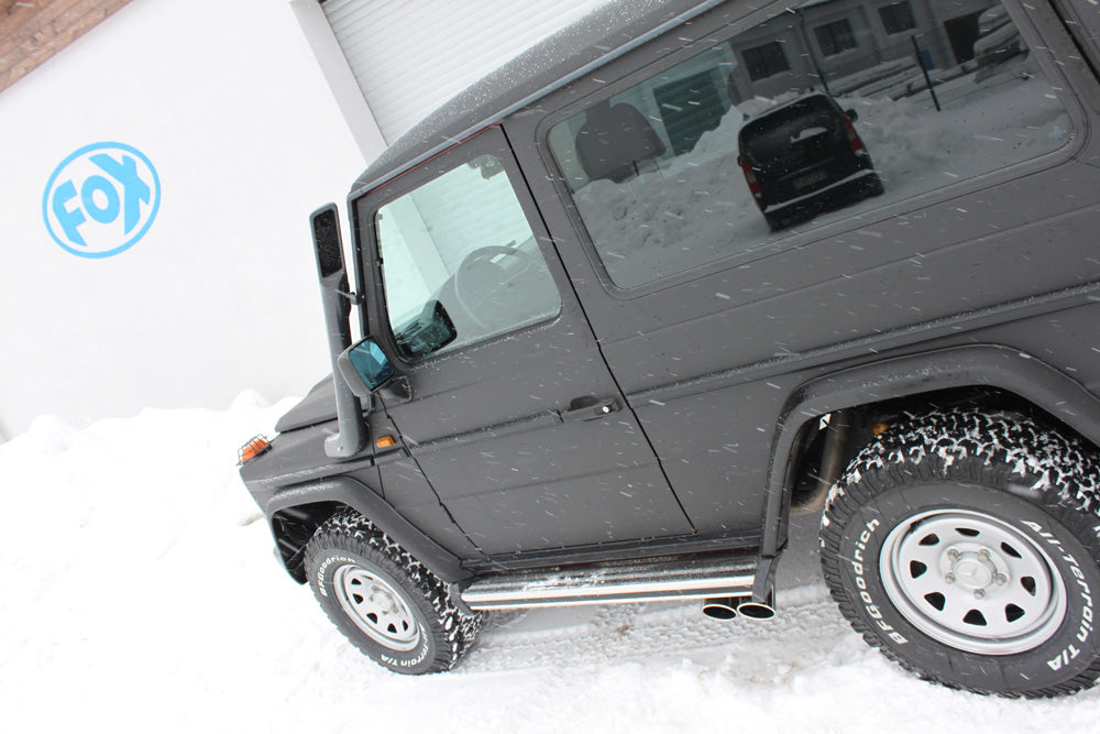 Fox passend fürMercedes G-Klasse - 463 (mit Trittbrett) Endschalldämpfer Ausgang seitlich - 2x115x85 Typ 38 (2x nach links abgeschrägt)