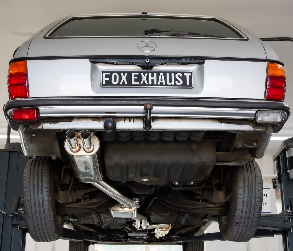 Fox passend fürMercedes W123/S123 - 4 Zylinder Komplettanlage ab Motor, bestehend aus End, Mittel- und Vorschalldämpfer mit Krümmerrohren - 2x55 Typ 10