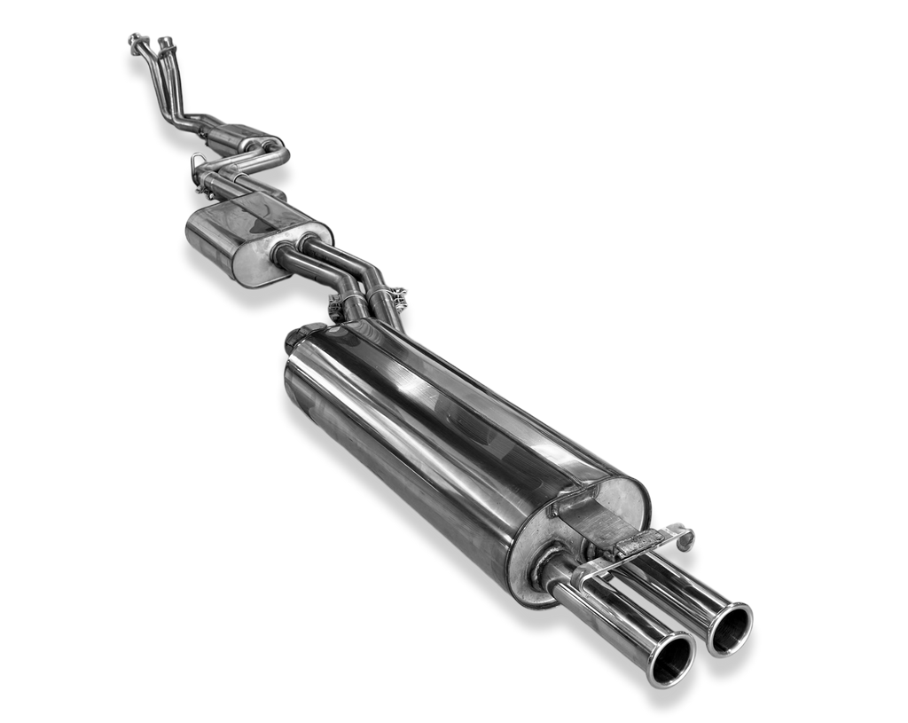 Fox passend fürMercedes W123/S123 - 6 Zylinder Komplettanlage ab Motor, bestehend aus End, Mittel- und Vorschalldämpfer mit Krümmerrohren - 2x50 Typ 12 nach aussen gerollt